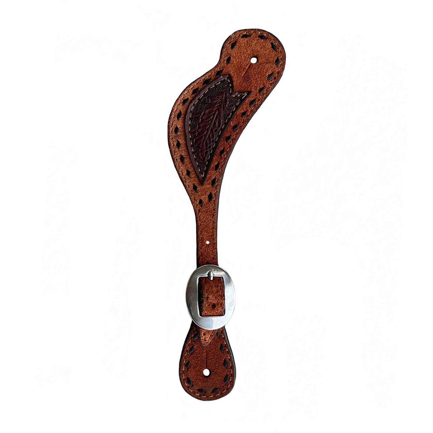 382-AO Ladies spur straps rough out toast leather with patch and buckstitch
