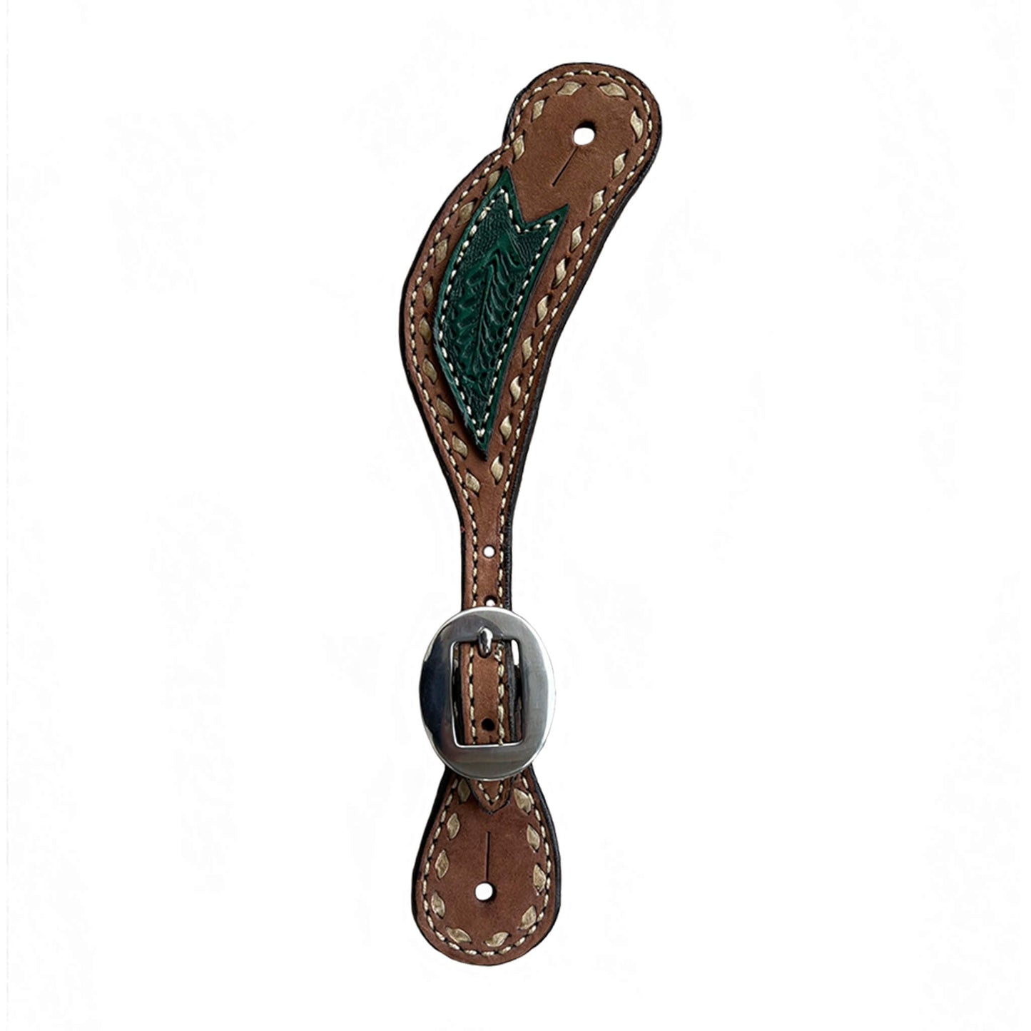 382-AOT Ladies spur straps rough out chocolate leather with patch and buckstitch