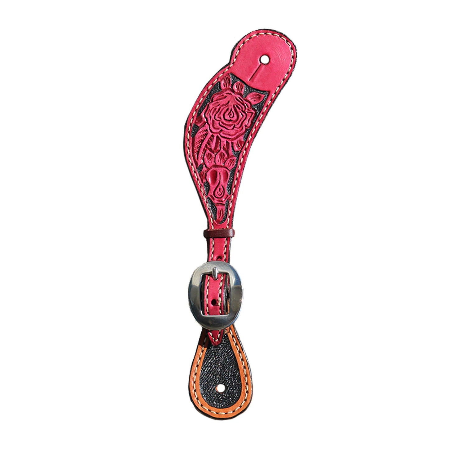 382-RP Ladies spur straps dirty pink leather rose tooling with background paint