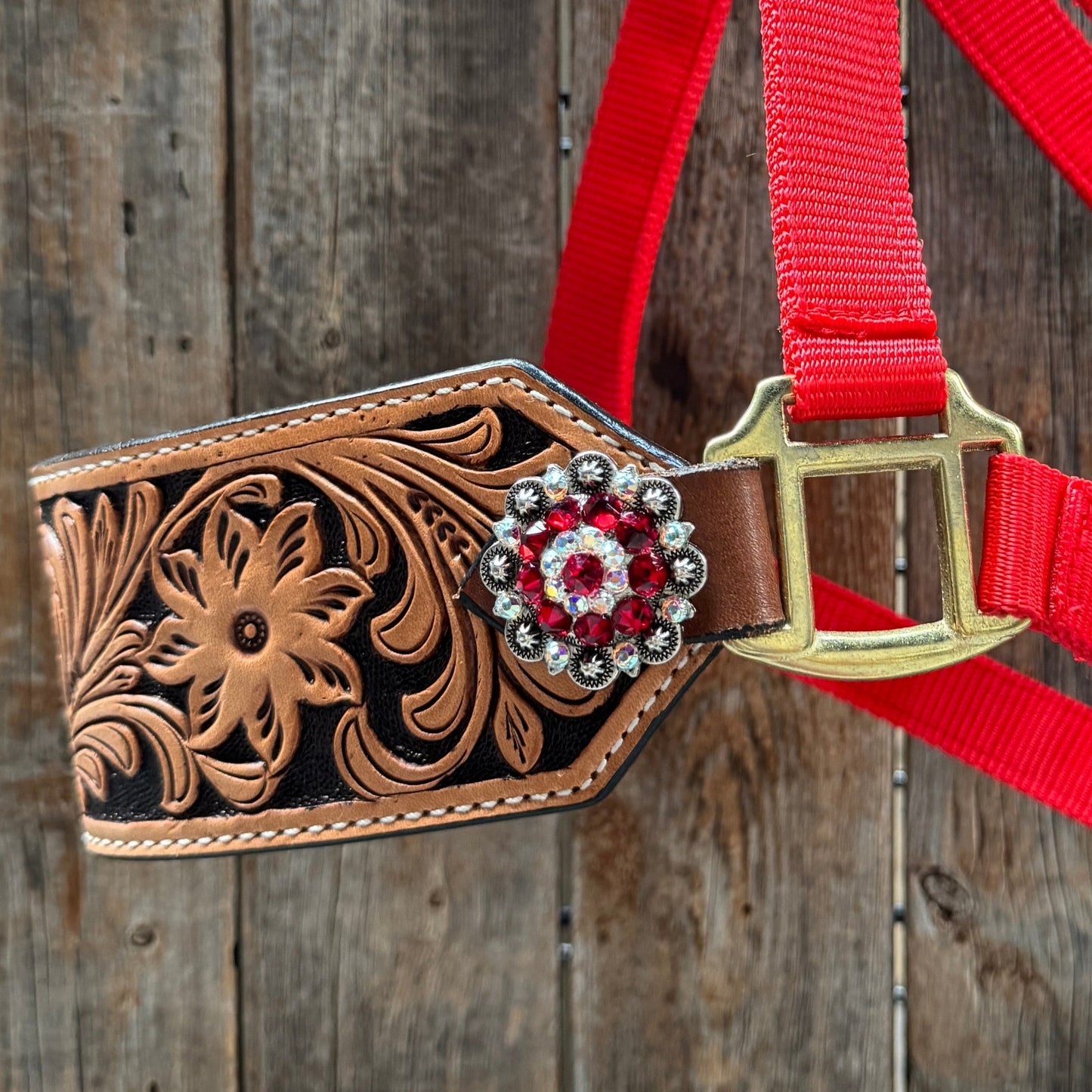 Red Nylon Horse Halter – Bronc Noseband with Crystal Conchos NH113