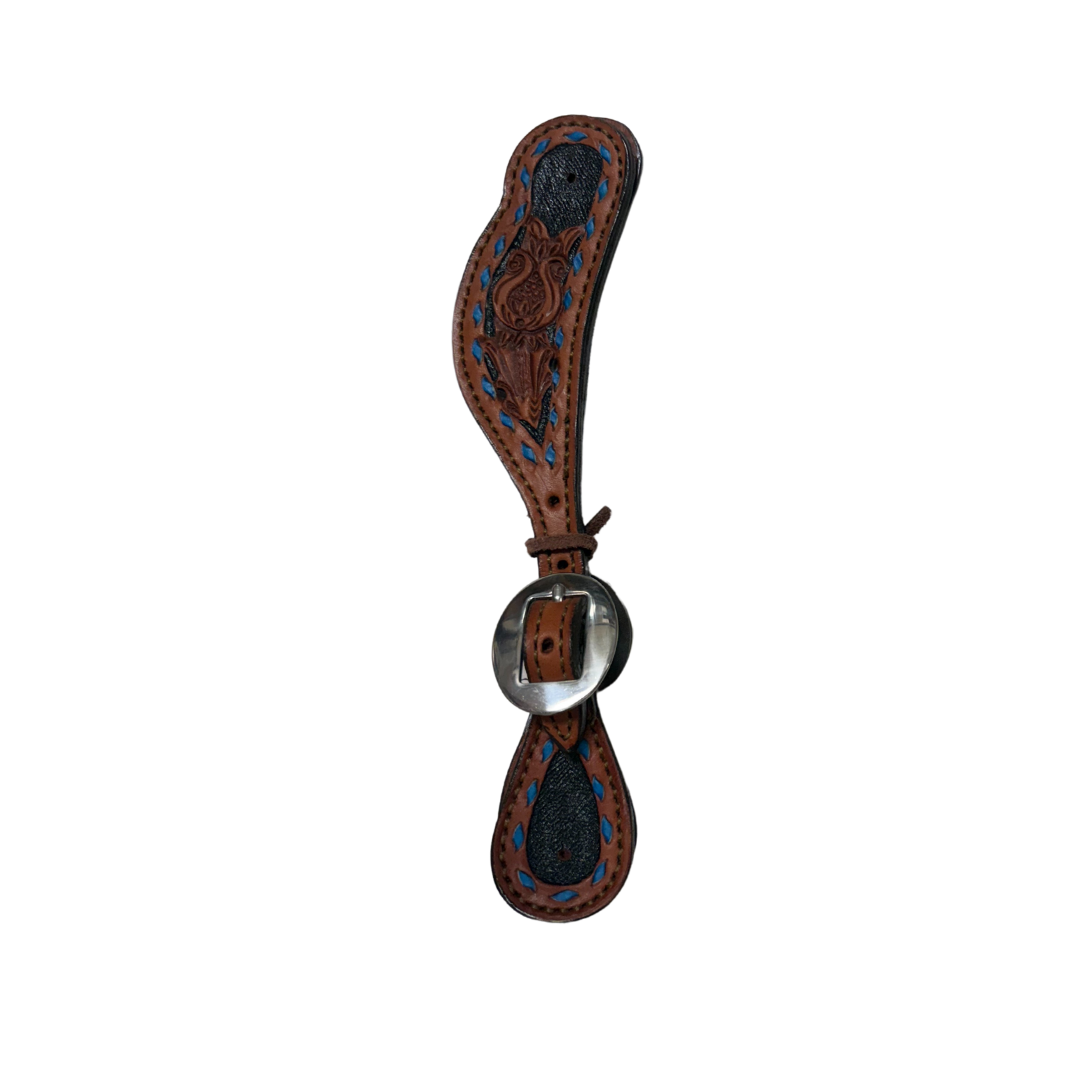 382-TTBS Ladies spur straps toast leather TTBS tooling with backstitch and background paint