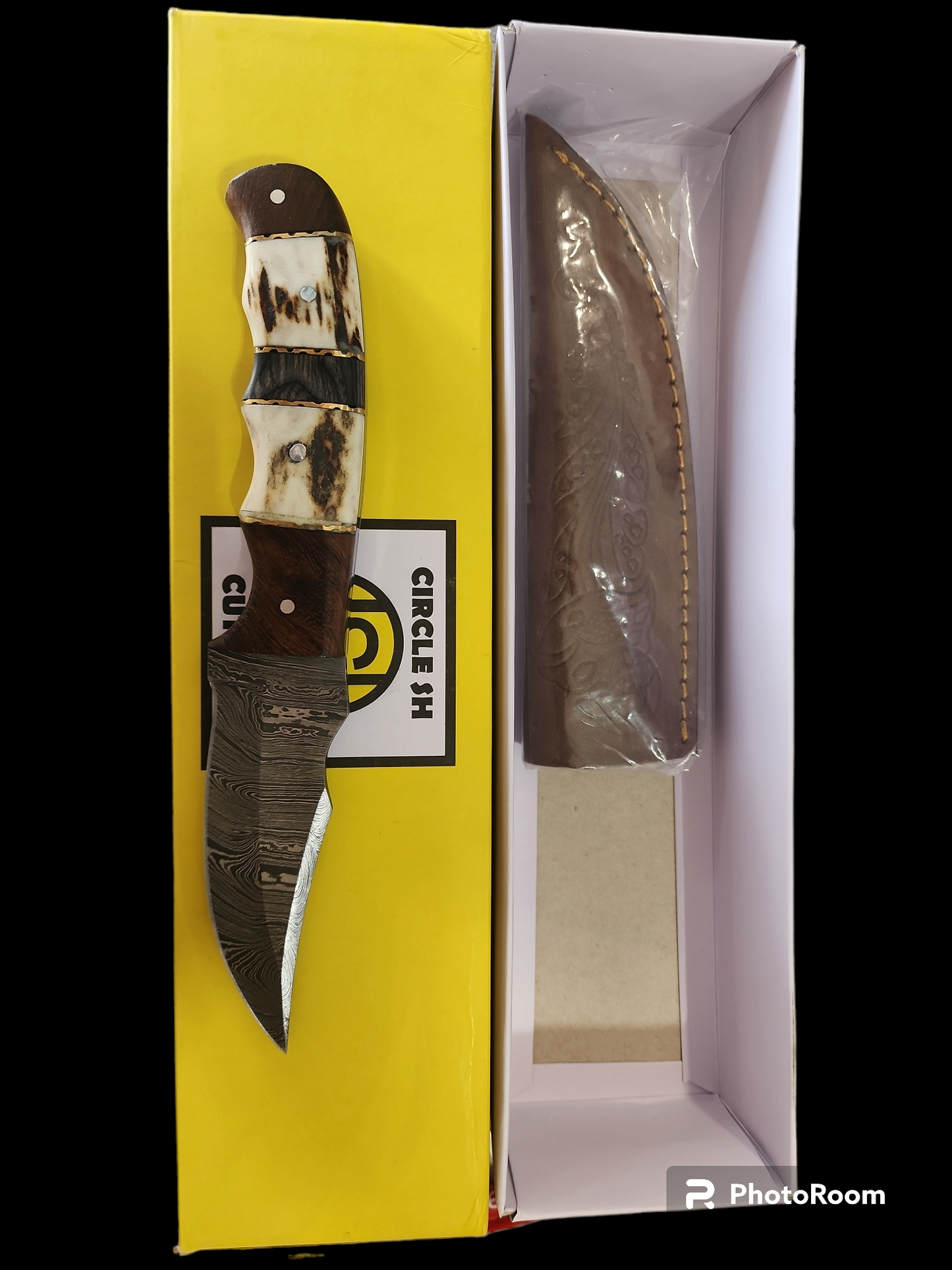 CIRCLE SH KNIFE 8.25" OVERALL DAMASCUS BLADE, RAM & WOOD HANDLE S/LTHR SHEALTH