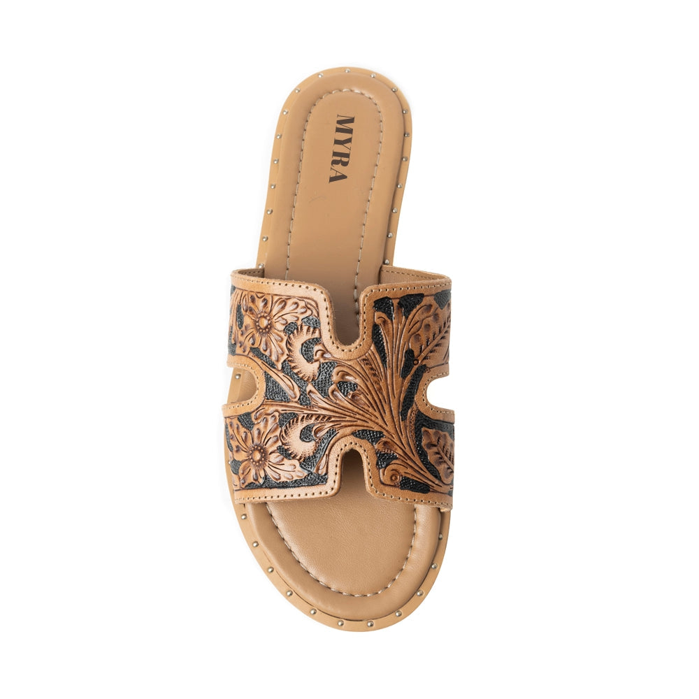 Myra Carmina Anne Dark Embossed Leather Slip-On Sandals for Women – Western H-Cut Slides with Studded Trim