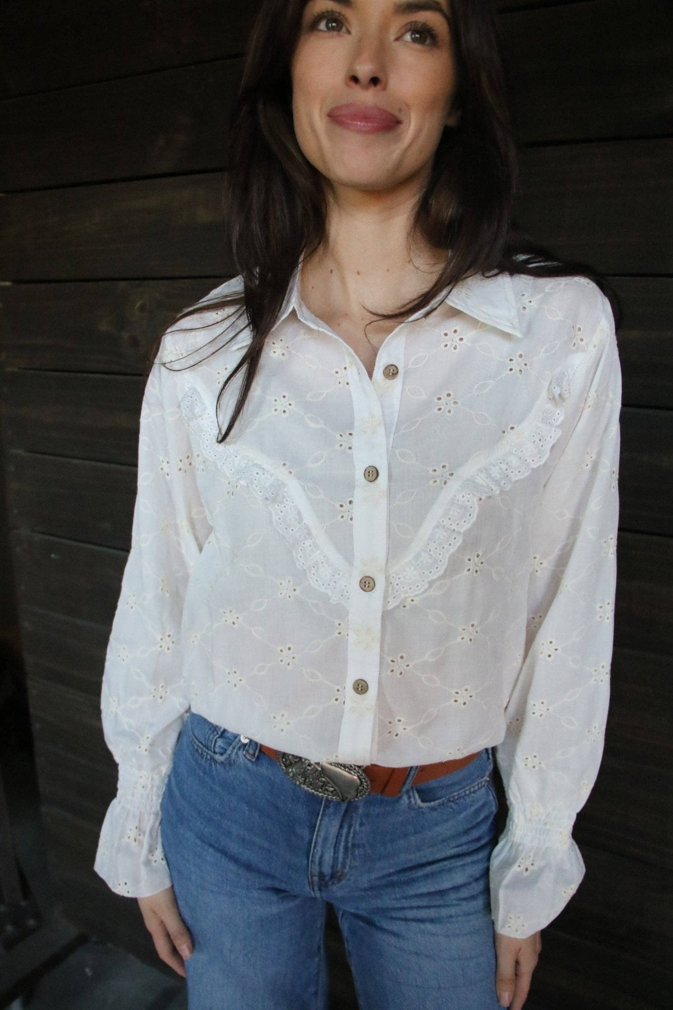 Turquoise Haven "Prairie Eyelet" Western Ruffle Blouse — Ivory Eyelet with Wooden Buttons & Flared Cuff Hem (small remains)