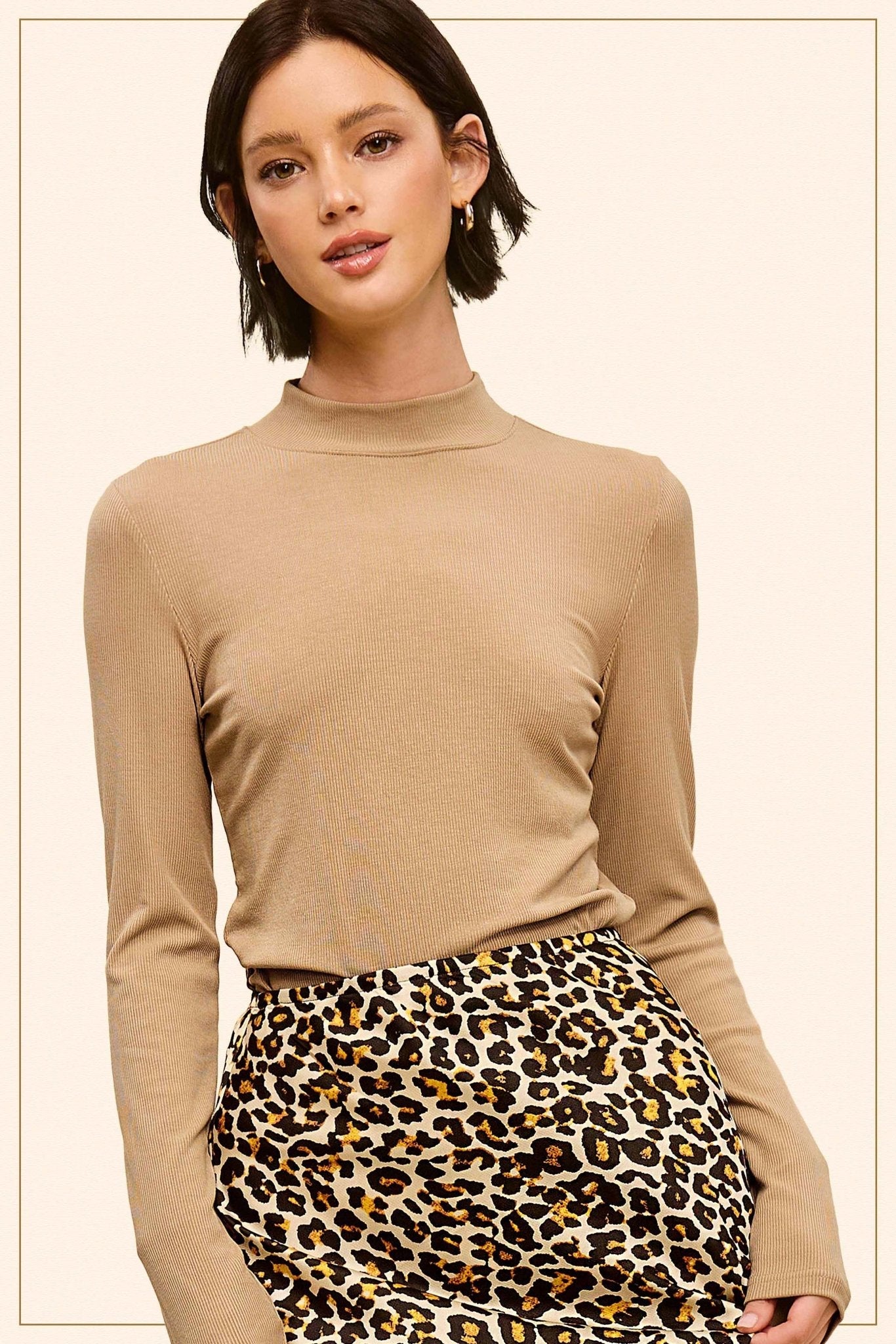 Ribbed Long Sleeve Mock Neck Top - Red, Teal, Black and brown