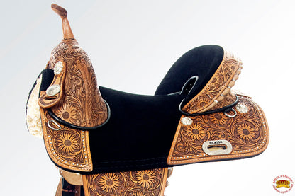 Western Horse Saddle Treeless Trail Barrel Leather Sun Flower Hilason