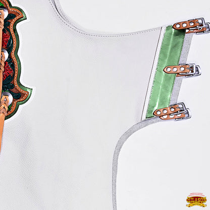 Hilason Bronc Bull Riding Genuine Leather Rodeo Western Chaps White Green