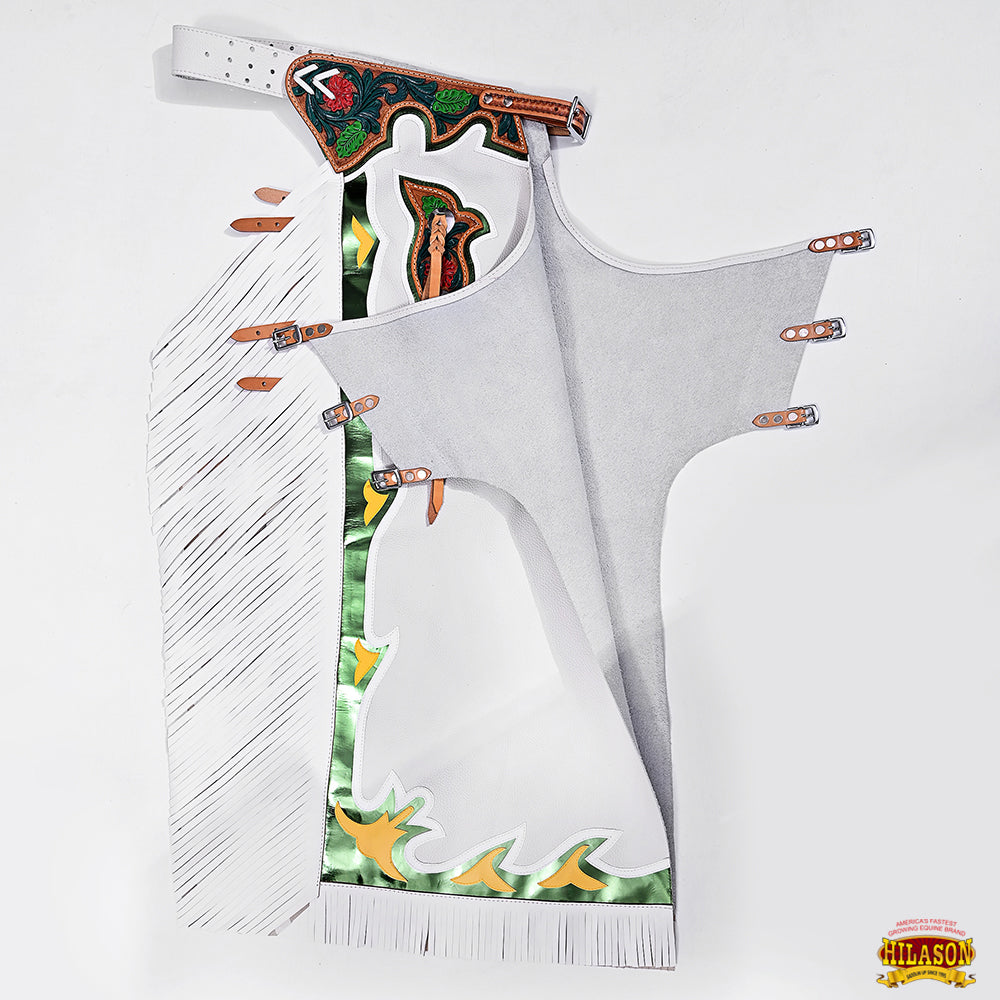 Hilason Bronc Bull Riding Genuine Leather Rodeo Western Chaps White Green