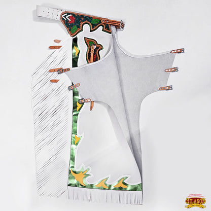 Hilason Bronc Bull Riding Genuine Leather Rodeo Western Chaps White Green