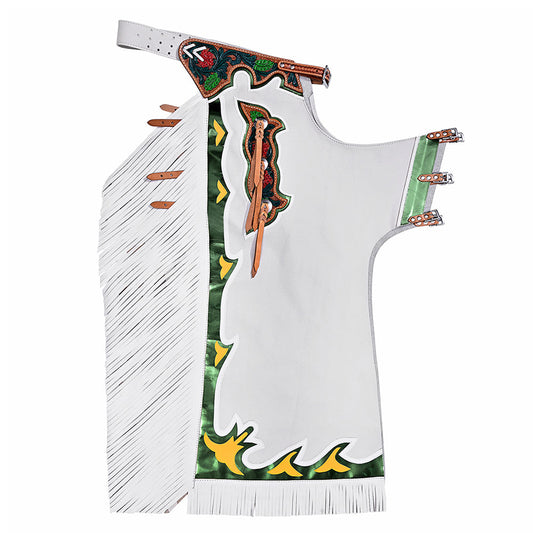 Hilason Bronc Bull Riding Genuine Leather Rodeo Western Chaps White Green