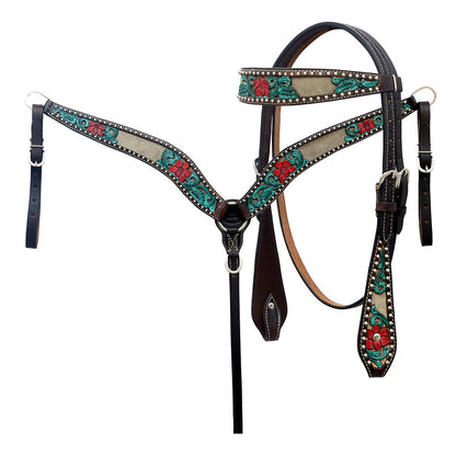 Hilason Horse Floral Hand Carved American Leather Breast Collar Headstall Brown