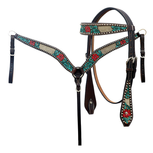 Hilason Horse Floral Hand Carved American Leather Breast Collar Headstall Brown