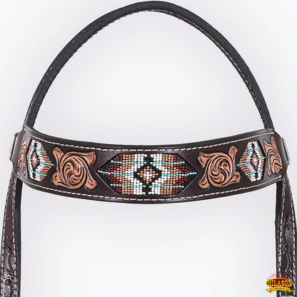 Hilason Horse Floral Hand Carved American Leather Breast Collar Headstall W/ Beaded Work Brown