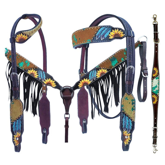 Bar H Equine American Leather Horse Saddle Tack One Ear Headstall | Breast Collar | Browband Headstall | Wither Strap | Tack Set for Horses BER118