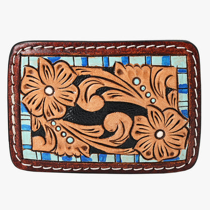 AMERICAN DARLING Floral Hand Carved Painted Belt Buckle Genuine Leather Covered Stylish Buckle
