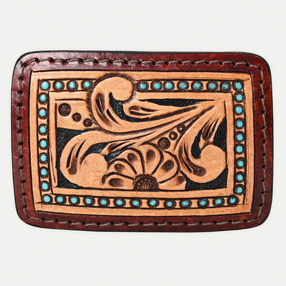 AMERICAN DARLING Floral Hand Carved Painted Belt Buckle Genuine Leather Covered Stylish Buckle