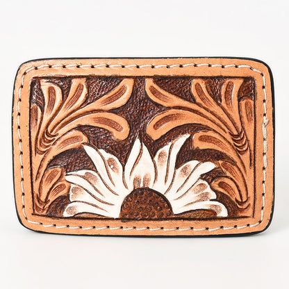 AMERICAN DARLING Floral Hand Carved Painted Belt Buckle Genuine Leather Covered Stylish Buckle