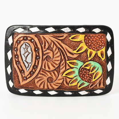 AMERICAN DARLING Floral Hand Carved Painted Belt Buckle Genuine Leather Covered Stylish Buckle