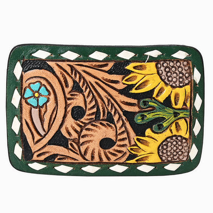 AMERICAN DARLING Floral Hand Carved Painted Belt Buckle Genuine Leather Covered Stylish Buckle