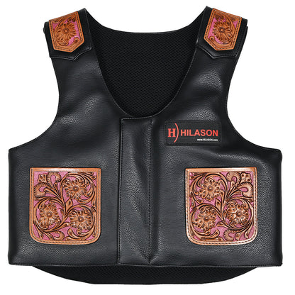 Hilason Bull Riding Kids Junior Youth Pro Rodeo Genuine Leather Vest With Floral Hand Carved