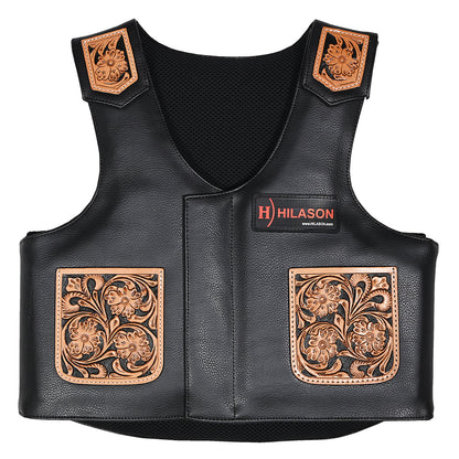 Hilason Bull Riding Kids Junior Youth Pro Rodeo Genuine Leather Vest With Floral Hand Carved