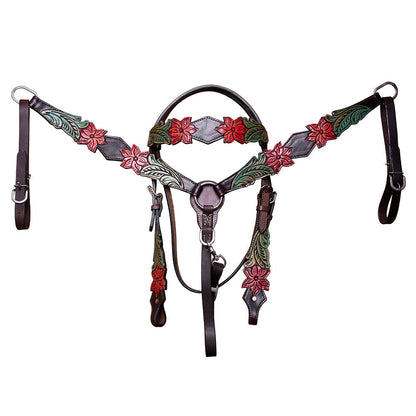BAR H EQUINE Horse Hand Painted Breast Collar Headstall Genuine Leather Brown