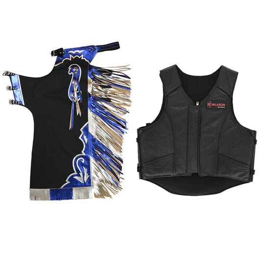 HILASON Western Horse Bull Riding Safety Leather Protective Vest & Rodeo Chaps Combo