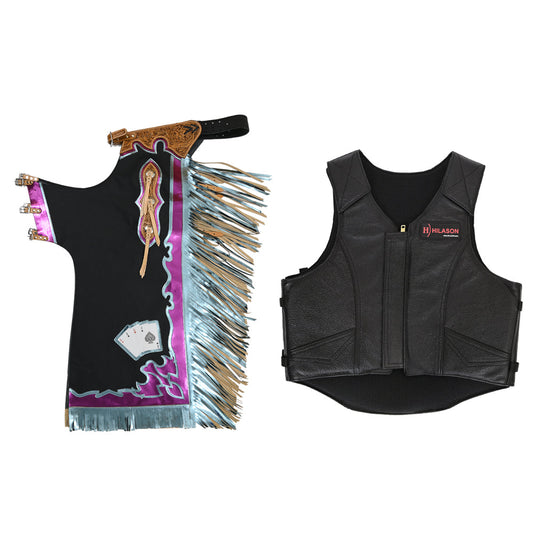 HILASON Western Horse Bull Riding Safety Leather Protective Vest & Rodeo Chaps Combo