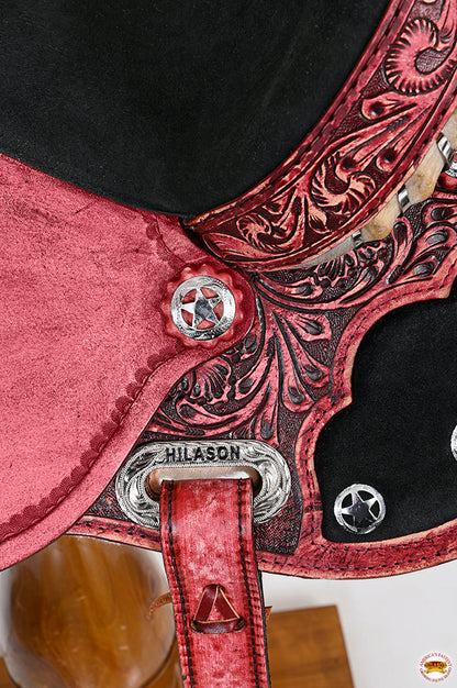 Hilason Flex Tree Western Horse Saddle American Leather Trail Barrel Antique Mahogany With  Floral Hand Carved