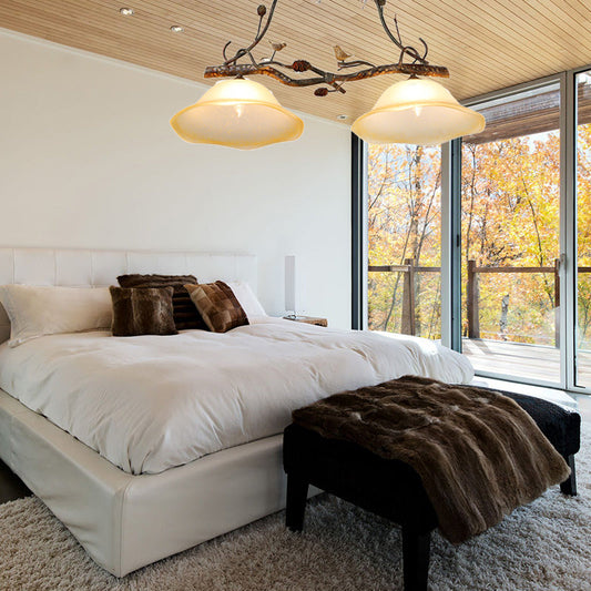 DecorBites™ Rustic Scalloped Opal Glass Island Pendant - 2 Light Bedroom Lamp in Beige