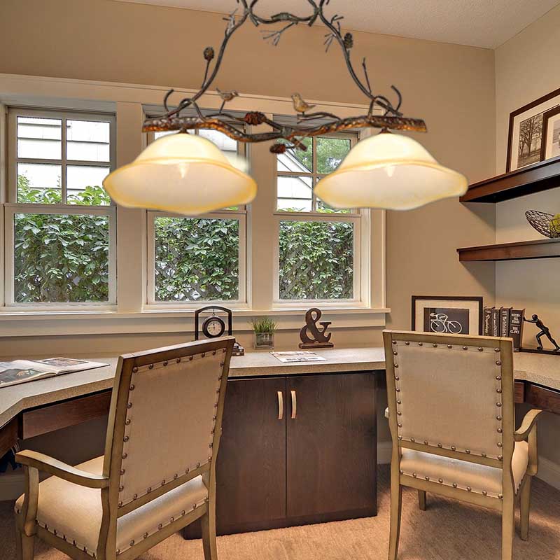 DecorBites™ Rustic Scalloped Opal Glass Island Pendant - 2 Light Bedroom Lamp in Beige