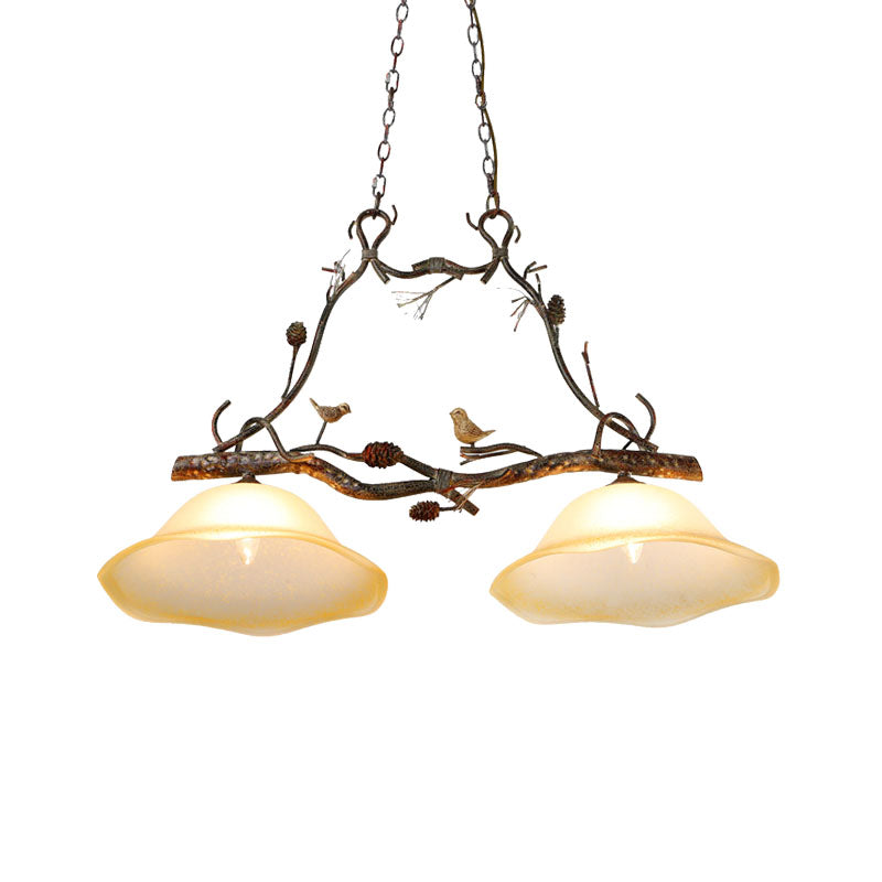 DecorBites™ Rustic Scalloped Opal Glass Island Pendant - 2 Light Bedroom Lamp in Beige