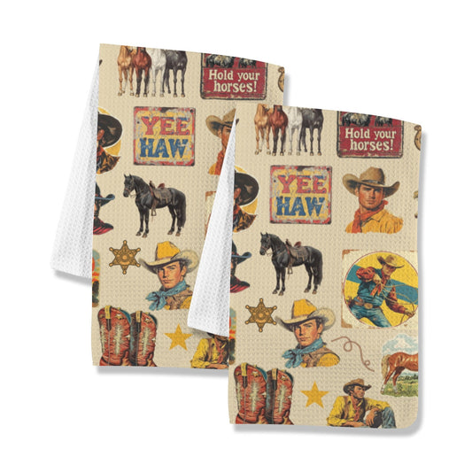 Vintage Cowboy Collage Set of 2 Dish Towels Made in America