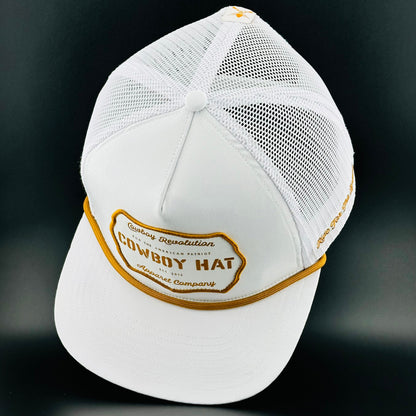 “Cowboy Hat” Patch Rope Trucker Hat - White