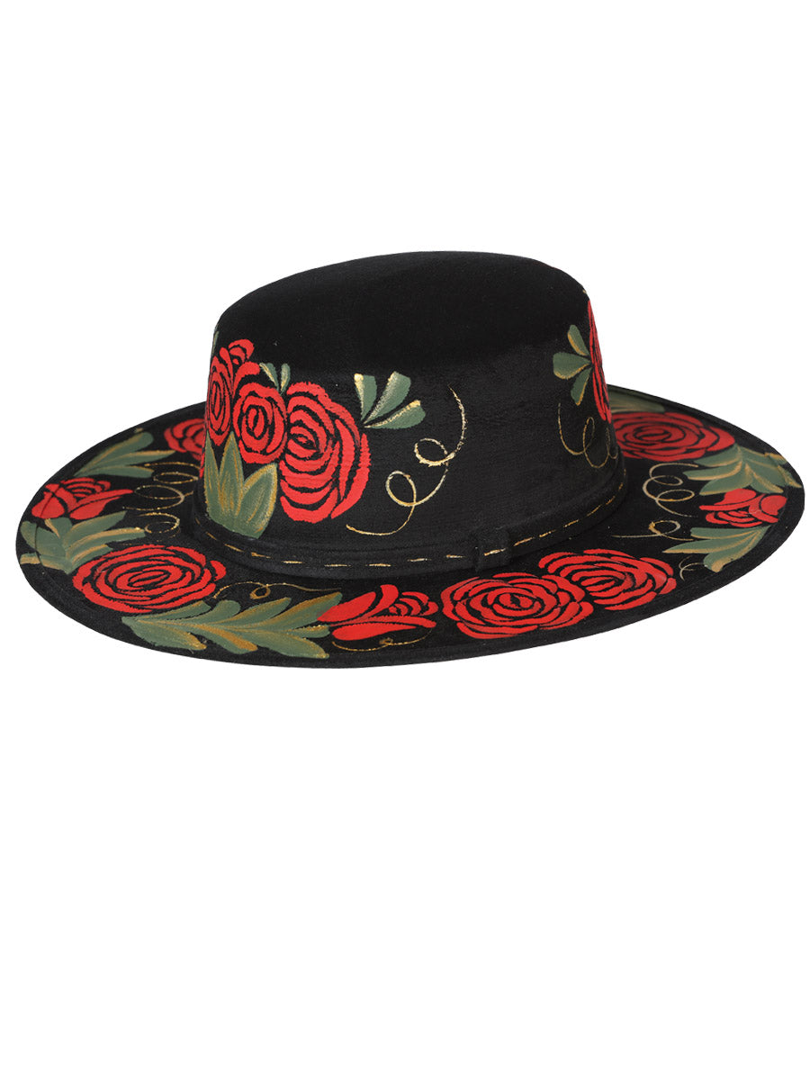 Artisanal Suede Hat — Red Roses in Black