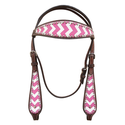 HILASON Western Horse Genuine Leather Headstall & Breast Collar Set Pink Zigzag
