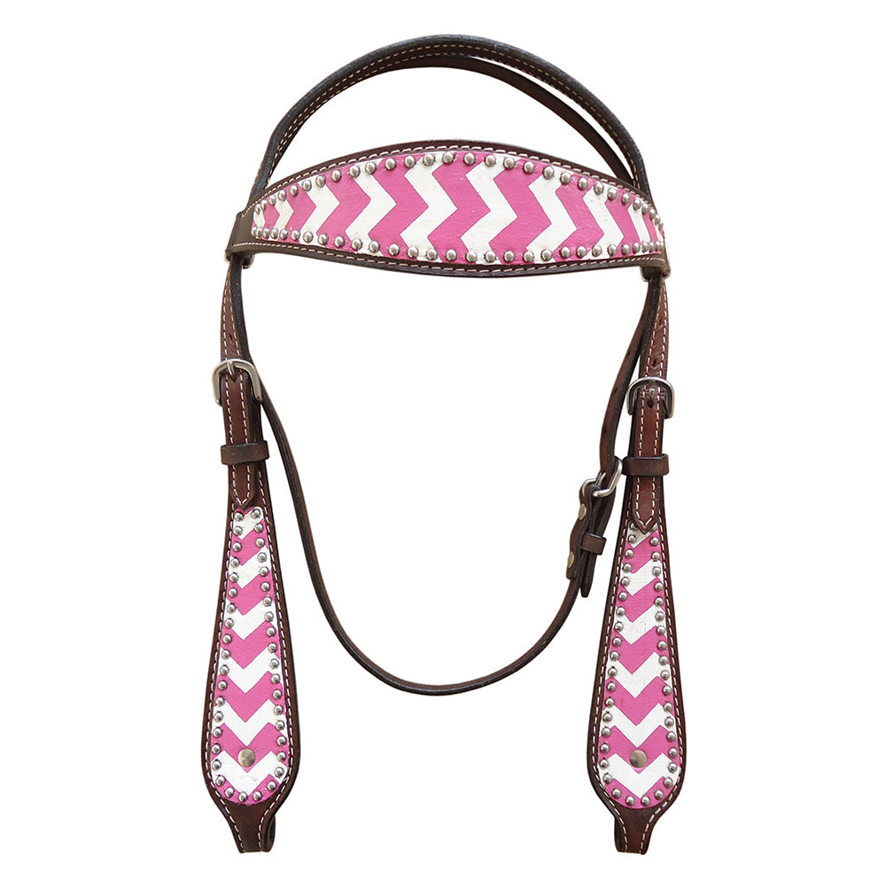 HILASON Western Horse Genuine Leather Headstall & Breast Collar Set Pink Zigzag