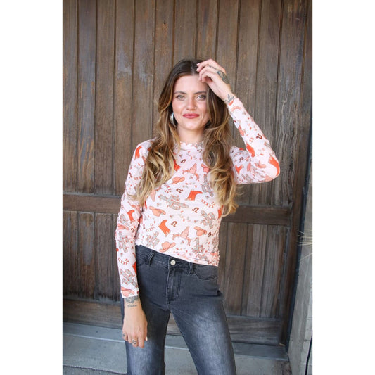 Pink Candy Cane Cowgirl Sheer Long Sleeve