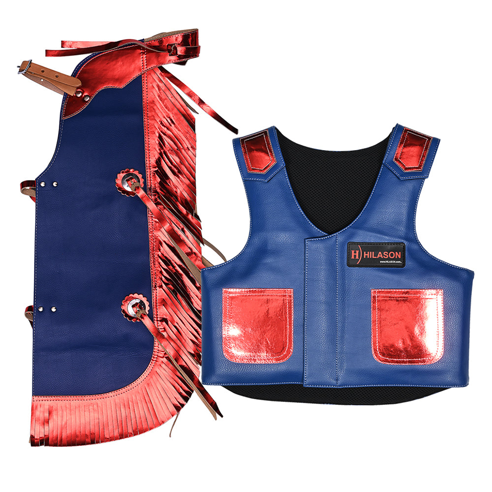 Hilason Junior Youth Bull Riding Pro Rodeo Leather Protective Vest Chaps