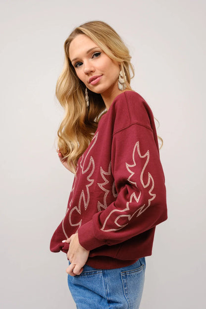 Western Boot Stitch Burgundy Sweatshirt