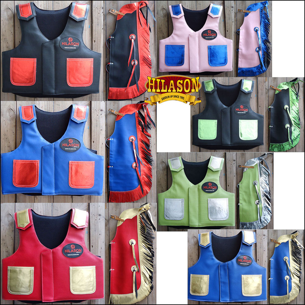 Hilason Junior Youth Bull Riding Pro Rodeo Leather Protective Vest Chaps