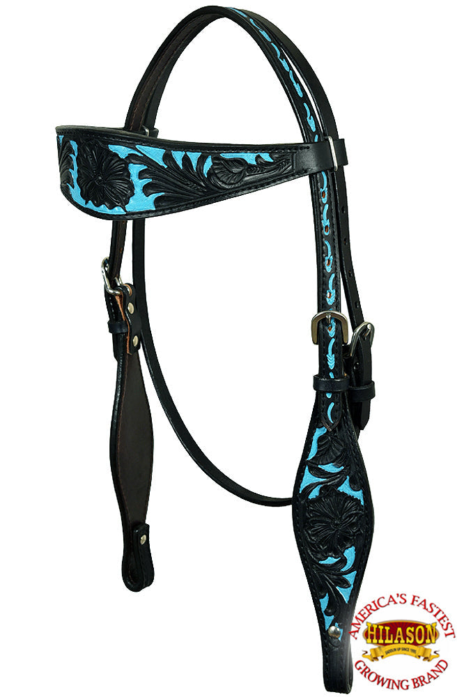 Western Horse Headstall & Breast Collar Tack American Leather Black Turquoise Hilason