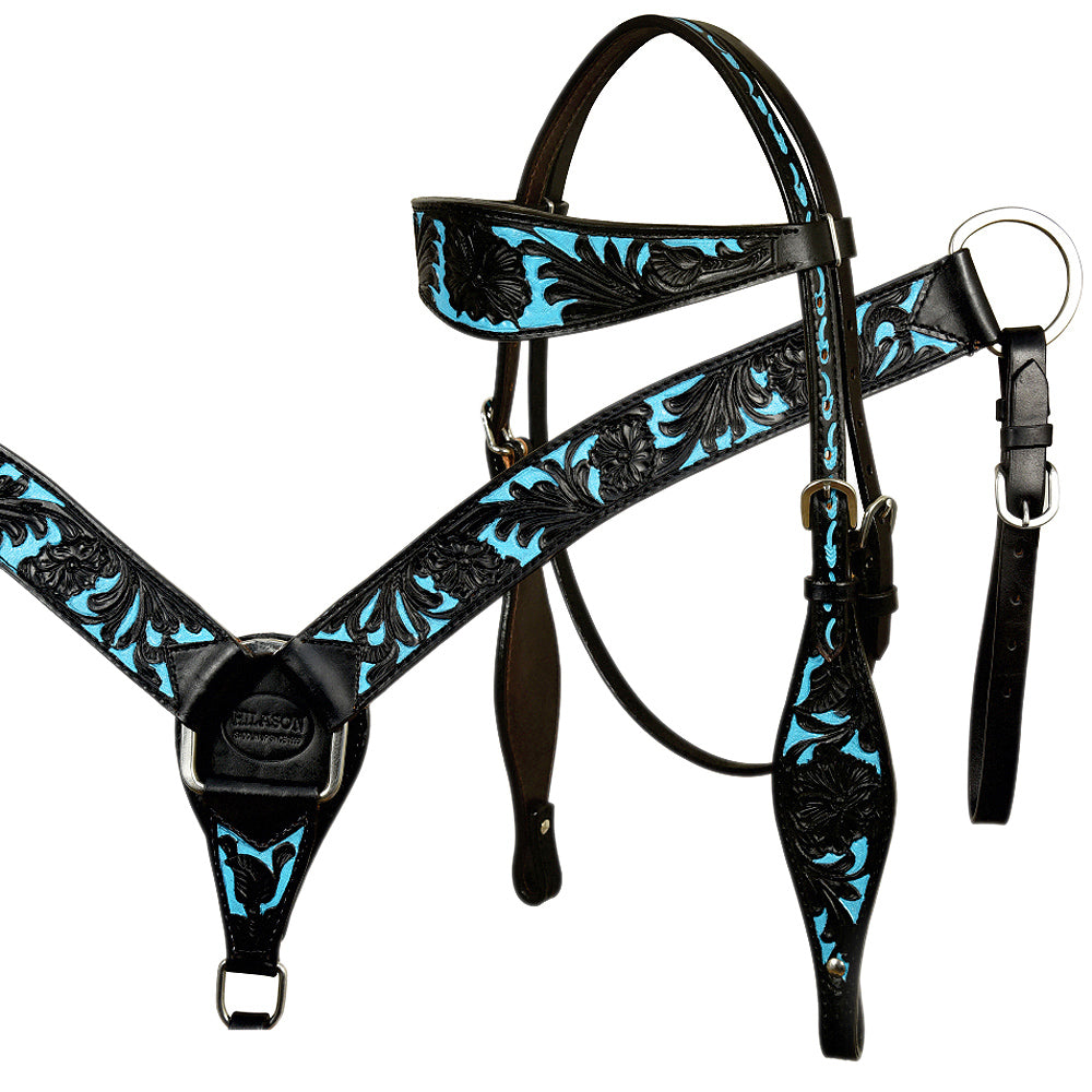 Western Horse Headstall & Breast Collar Tack American Leather Black Turquoise Hilason