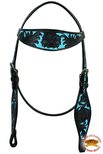 Western Horse Headstall & Breast Collar Tack American Leather Black Turquoise Hilason