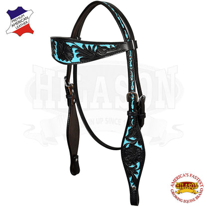 Western Horse Headstall & Breast Collar Tack American Leather Black Turquoise Hilason