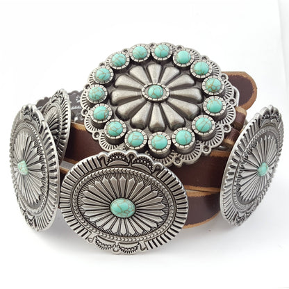 Genuine Distressed Leather Western Concho Belt with Faux Turquoise Stone Buckle