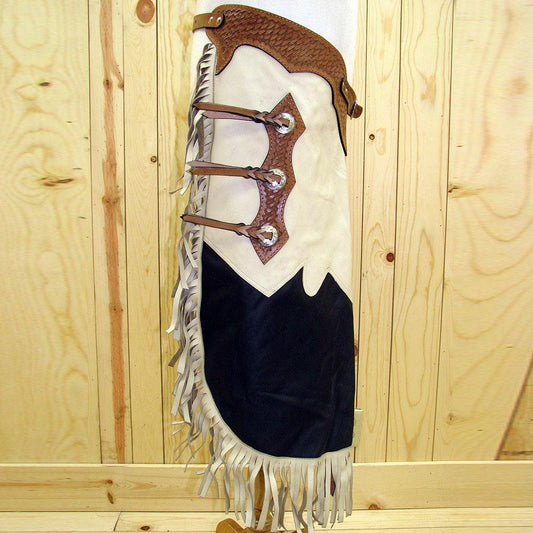 Hilason Bull Riding Chinks Chaps Pro Rodeo Western Smooth Leather Black & White