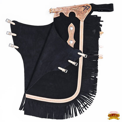 Hilason Western Bull Riding Chinks Chaps Adult Pro Rodeo Bronc Leather Black