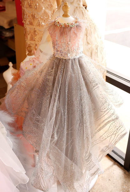 Luxury Sequin Pet Long Train Dress with Feather Collar Princess Dog Gown