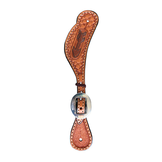 382-RA Ladies spur straps golden leather floral geo/basket cross tooling with arrows